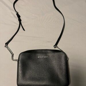 Michael Kors Black Leather Crossbody Bag with Silver Hardware